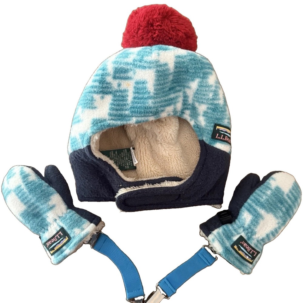 LL Bean Infant 6-12M Blue Fleece Sherpa Lined Trapper Hat & Mitten Set Toboggan